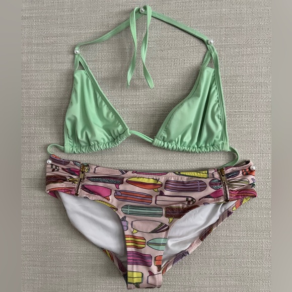 Vintage VS Zipper Bikini Bottom Surf Board Print Breakwater Top Swimsuit M & L - Picture 6 of 16